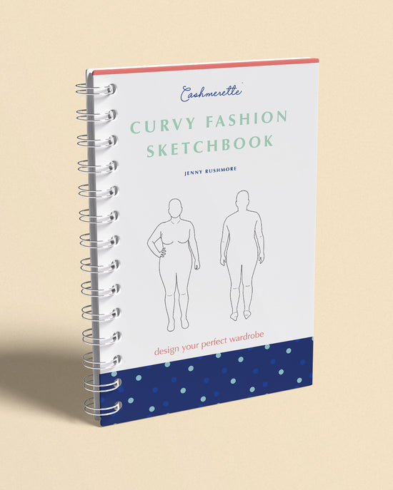 Curvy Fashion Sketchbook with illustrations of women on a beige background