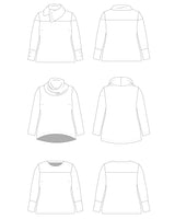 Technical drawing of a shirt from multiple angles on a white background. This sweater is the Tobin Sweater sewing pattern from Cashmerette.