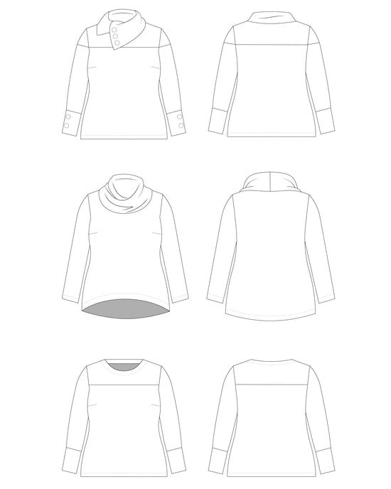 Technical drawing of a shirt from multiple angles on a white background. This sweater is the Tobin Sweater sewing pattern from Cashmerette.