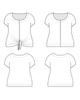 Line drawing of a women's top from multiple angles on a white background. This top is the Cedar Dolman Top sewing pattern from Cashmerette.