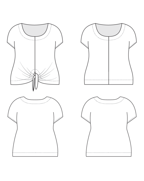 Line drawing of a women's top from multiple angles on a white background. This top is the Cedar Dolman Top sewing pattern from Cashmerette.