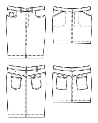 Black and white line drawings of a pair of jeans from multiple angles on a white background. This skirt is the Ellis Denim Skirt sewing pattern from Cashmerette.