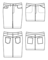 Black and white line drawings of a pair of jeans from multiple angles on a white background. This skirt is the Ellis Denim Skirt sewing pattern from Cashmerette.