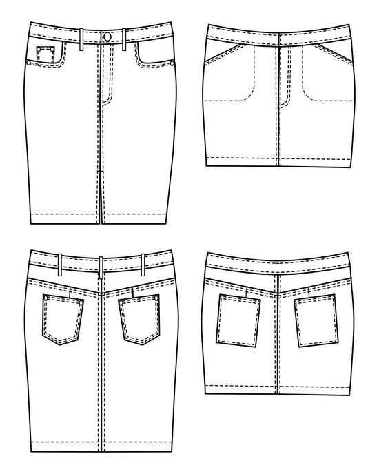 Black and white line drawings of a pair of jeans from multiple angles on a white background. This skirt is the Ellis Denim Skirt sewing pattern from Cashmerette.