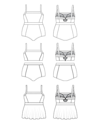 Line drawings of women's swimsuits on a white background. This swimsuit is the Ipswich Swimsuit sewing pattern from Cashmerette.