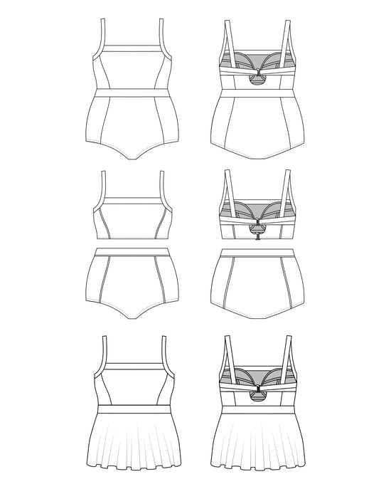 Line drawings of women's swimsuits on a white background. This swimsuit is the Ipswich Swimsuit sewing pattern from Cashmerette.