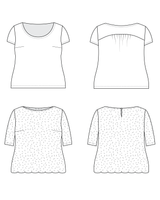 Black and white line drawings of a t-shirt from multiple angles on a white background. This top is the Montrose Top sewing pattern from Cashmerette.