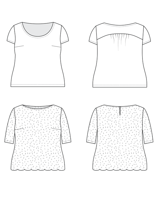 Black and white line drawings of a t-shirt from multiple angles on a white background. This top is the Montrose Top sewing pattern from Cashmerette.