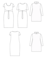Line drawings of a dress with various sleeves and necklines on a white background. This is the Pembroke Dress & Tunic sewing pattern from Cashmerette.