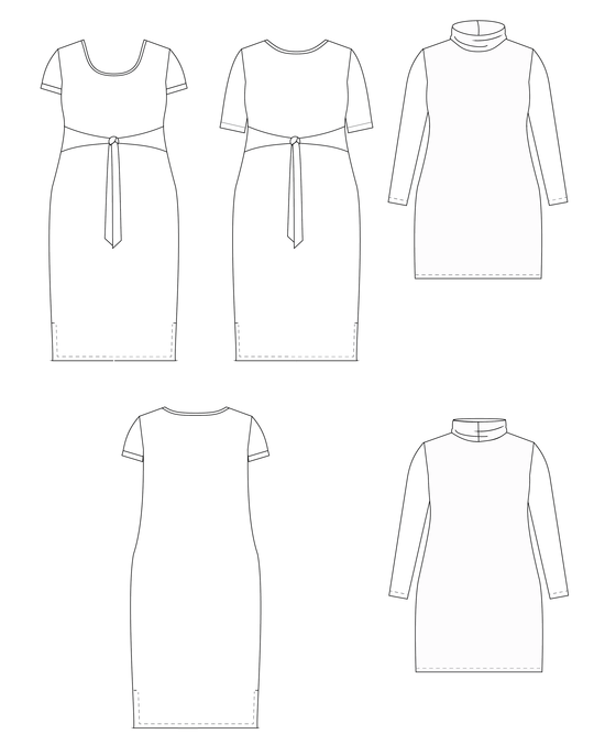 Line drawings of a dress with various sleeves and necklines on a white background. This is the Pembroke Dress & Tunic sewing pattern from Cashmerette.