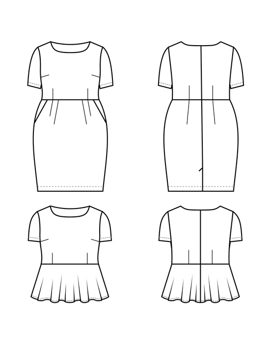 Line drawing of a dress from multiple angles on a white background. This dress is the Rivermont Dress & Top sewing pattern from Cashmerette.