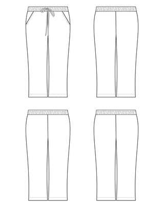 Line drawings of pants with an elastic waistband on a white background. These pants are the Ardley Elastic Waist Pants sewing pattern from "Sewing the Curve" by Jenny Rushmore.