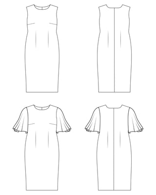 Line drawing of a sleeveless dress from multiple angles on a white background. This dress is the Elmley Sheath Dress sewing pattern from "Sewing the Curve" by Jenny Rushmore.