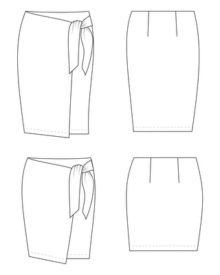 Line drawing of a skirt from multiple angles on a white background. This skirt is the Randolph Wrap Skirt sewing pattern from "Sewing the Curve" by Jenny Rushmore.