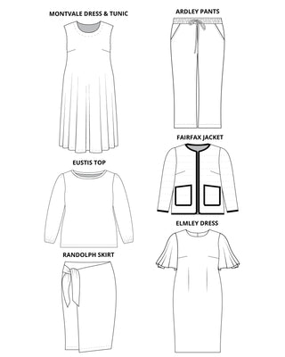 Line drawings of various clothing items with labels on a white background. These are the patterns from Sewing the Curve by Jenny Rushmore.