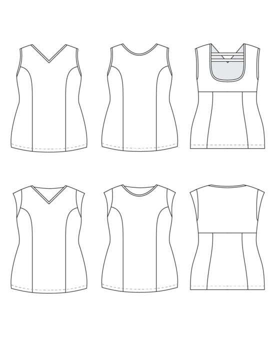 Line drawings of various tank top designs on a white background. This top is the Spruce Workout Tank sewing pattern from Cashmerette.
