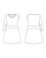 Technical drawing of a dress with front and back views on a white background. This dress is the Washington Dress sewing pattern from Cashmerette.