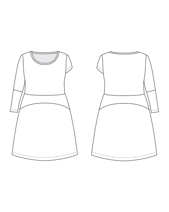 Technical drawing of a dress with front and back views on a white background. This dress is the Washington Dress sewing pattern from Cashmerette.