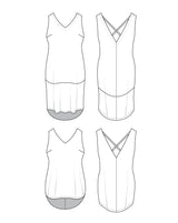 Line drawings of four different tank tops on a white background. This is the Webster Dress & Tunic sewing pattern from Cashmerette.
