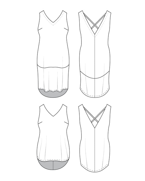 Line drawings of four different tank tops on a white background. This is the Webster Dress & Tunic sewing pattern from Cashmerette.